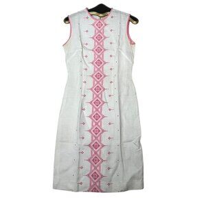 VTG 60s Union-Made White Sleeveless Summer Dress Pink Embroidered Back Zipper